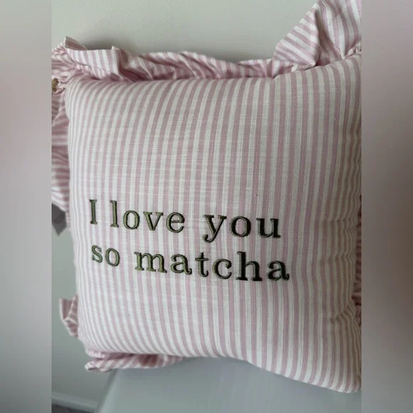 Viral I love you so matcha Pink Striped Ruffle Pillow - Picture 2 of 4